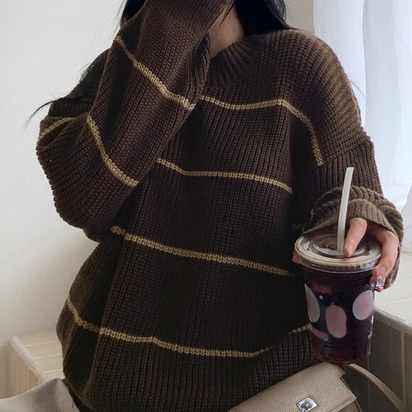 Multicolor Casual Women's Striped Loose Fit Crew Neck Sweater - Picture 7 of 9